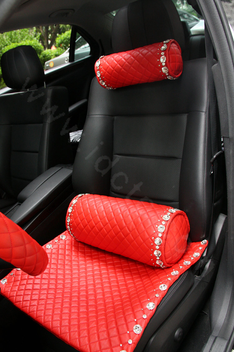 Calssic Rhinestone Genuine Sheepskin Round Auto Neck Safety Pillow Car Decoration 1pcs - Red
