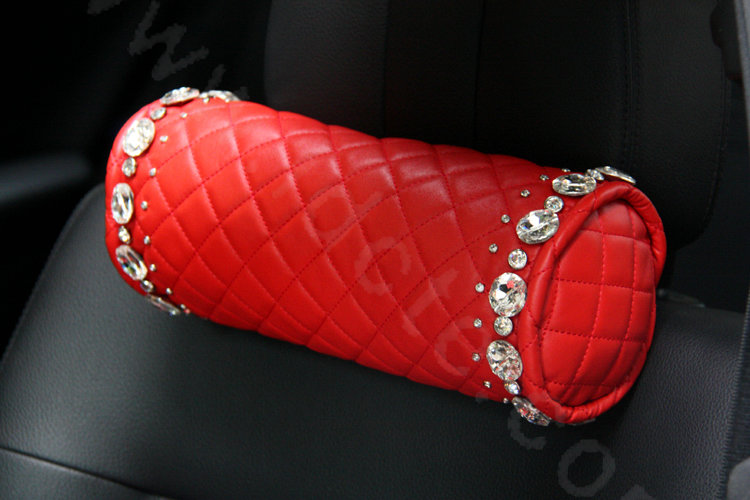 Calssic Rhinestone Genuine Sheepskin Round Auto Neck Safety Pillow Car Decoration 1pcs - Red