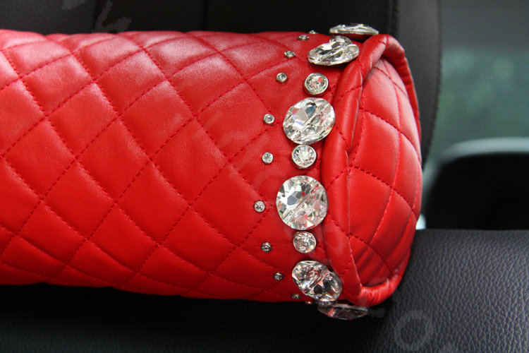 Calssic Rhinestone Genuine Sheepskin Round Auto Neck Safety Pillow Car Decoration 1pcs - Red