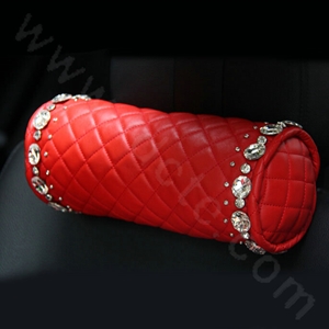 Calssic Rhinestone Genuine Sheepskin Round Auto Neck Safety Pillow Car Decoration 1pcs - Red