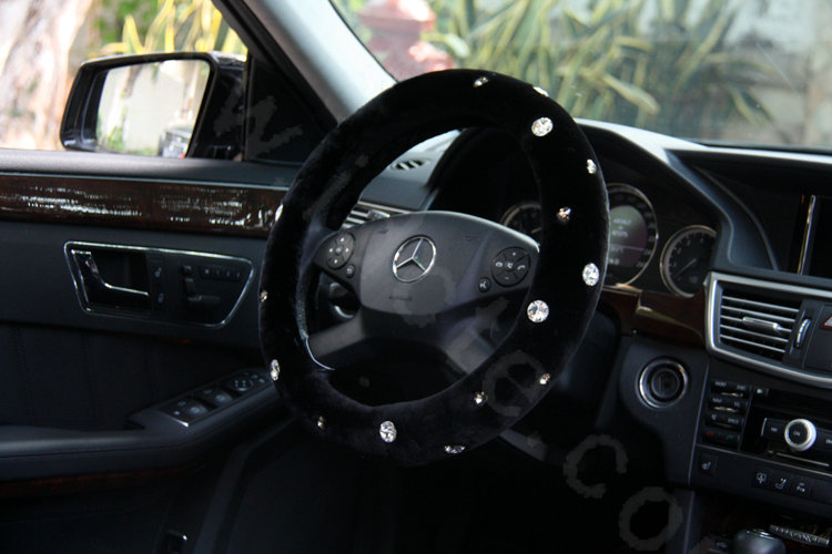Calssic Rhinestone Winter Genuine Wool Auto Steering Wheel Covers 14 inch 36CM - Black