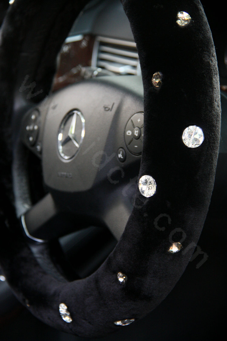 Calssic Rhinestone Winter Genuine Wool Auto Steering Wheel Covers 14 inch 36CM - Black