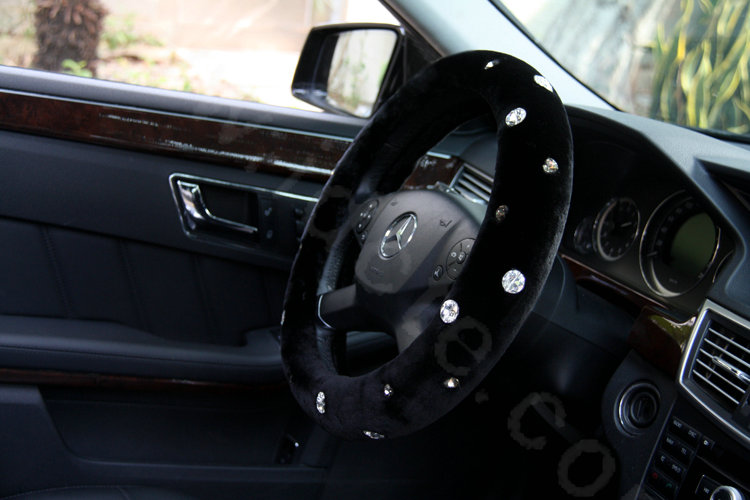 Calssic Rhinestone Winter Genuine Wool Auto Steering Wheel Covers 15 inch 38CM - Black