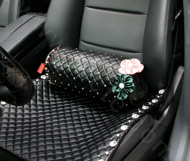 Calssic Rose Crystal Beaded Auto Lumbar Pillow Sheepskin Round Support Cushion 1pcs - Black