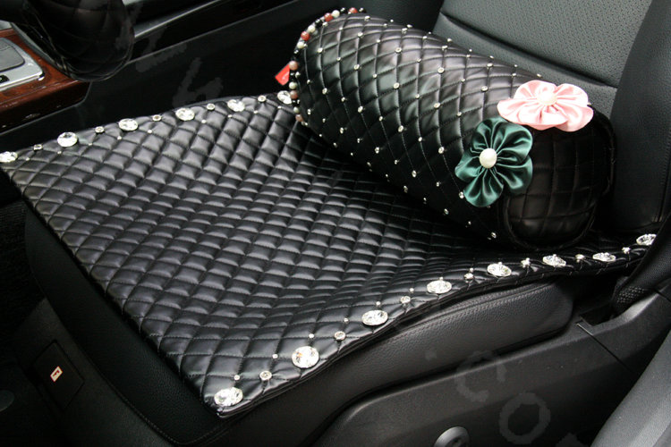 Calssic Rose Crystal Beaded Auto Lumbar Pillow Sheepskin Round Support Cushion 1pcs - Black