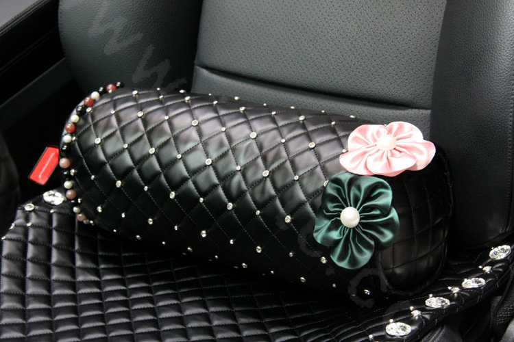 Calssic Rose Crystal Beaded Auto Lumbar Pillow Sheepskin Round Support Cushion 1pcs - Black