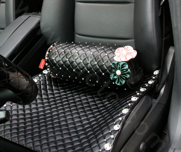 Calssic Rose Crystal Beaded Auto Lumbar Pillow Sheepskin Round Support Cushion 1pcs - Black