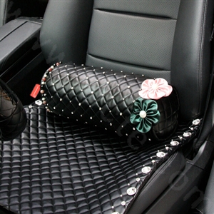 Calssic Rose Crystal Beaded Auto Lumbar Pillow Sheepskin Round Support Cushion 1pcs - Black