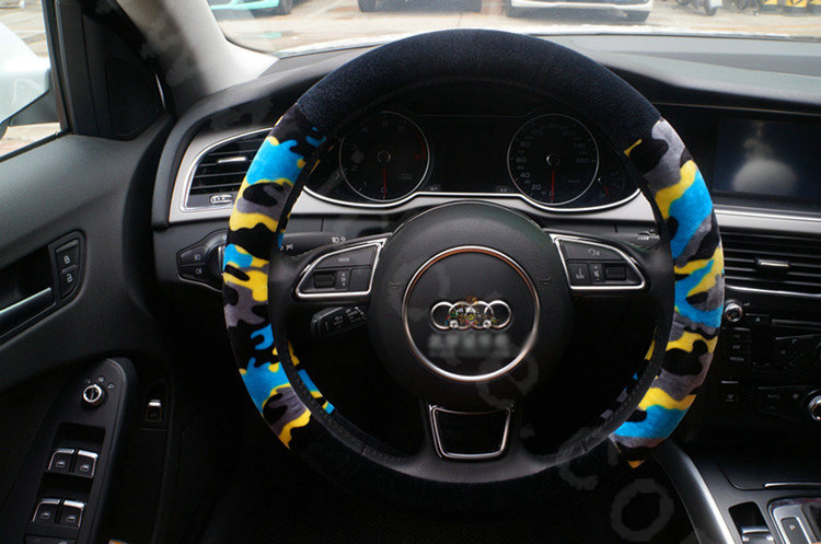 Calssic Winter Camo Plush Car Steering Wheel Covers 15 inch 38CM - Blue Black