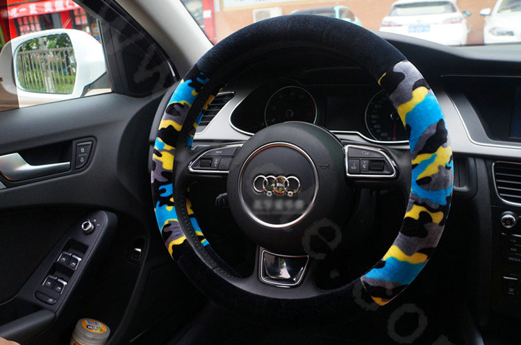 Calssic Winter Camo Plush Car Steering Wheel Covers 15 inch 38CM - Blue Black