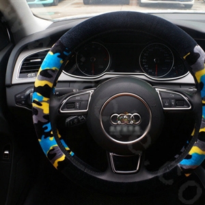 Calssic Winter Camo Plush Car Steering Wheel Covers 15 inch 38CM - Blue Black