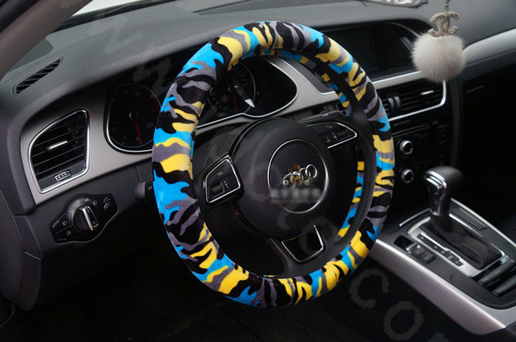 Calssic Winter Camo Plush Car Steering Wheel Covers 15 inch 38CM - Blue
