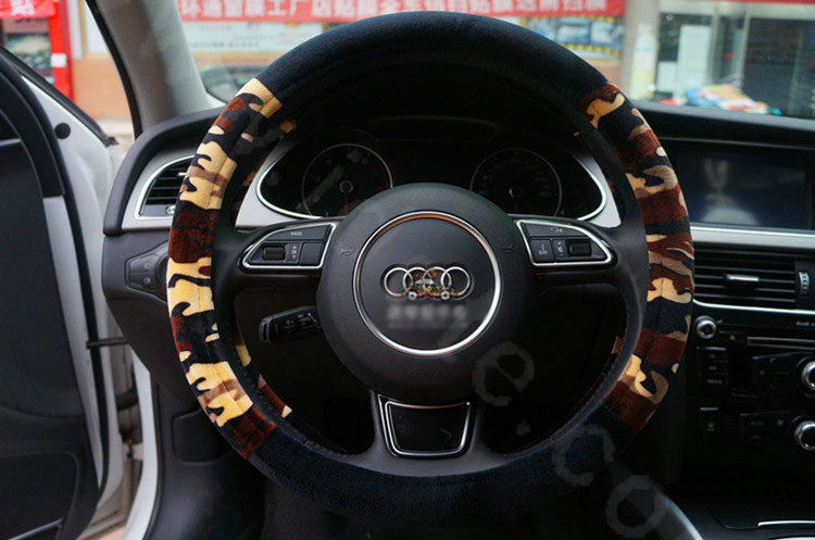 Calssic Winter Camo Plush Car Steering Wheel Covers 15 inch 38CM - Brown Black