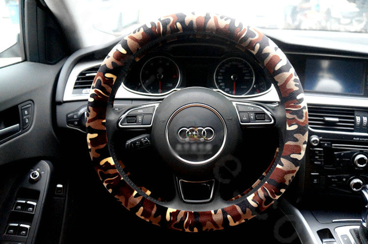 Calssic Winter Camo Plush Car Steering Wheel Covers 15 inch 38CM - Brown