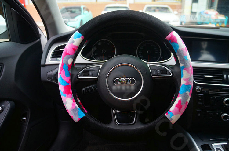 Calssic Winter Camo Plush Car Steering Wheel Covers 15 inch 38CM - Pink Black