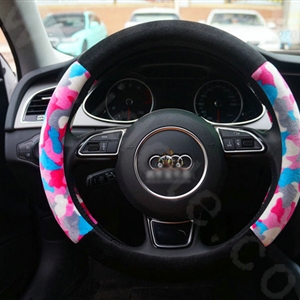 Calssic Winter Camo Plush Car Steering Wheel Covers 15 inch 38CM - Pink Black