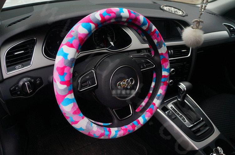 Calssic Winter Camo Plush Car Steering Wheel Covers 15 inch 38CM - Pink