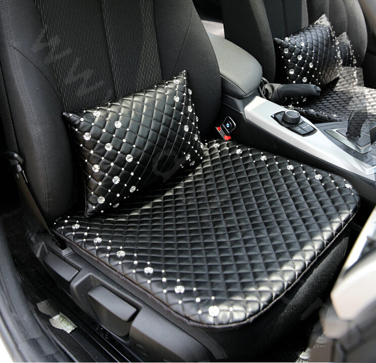 Calssic Women Rhinestone Genuine Sheepskin Pad Universal Car Seat Cushion 1pcs - Black