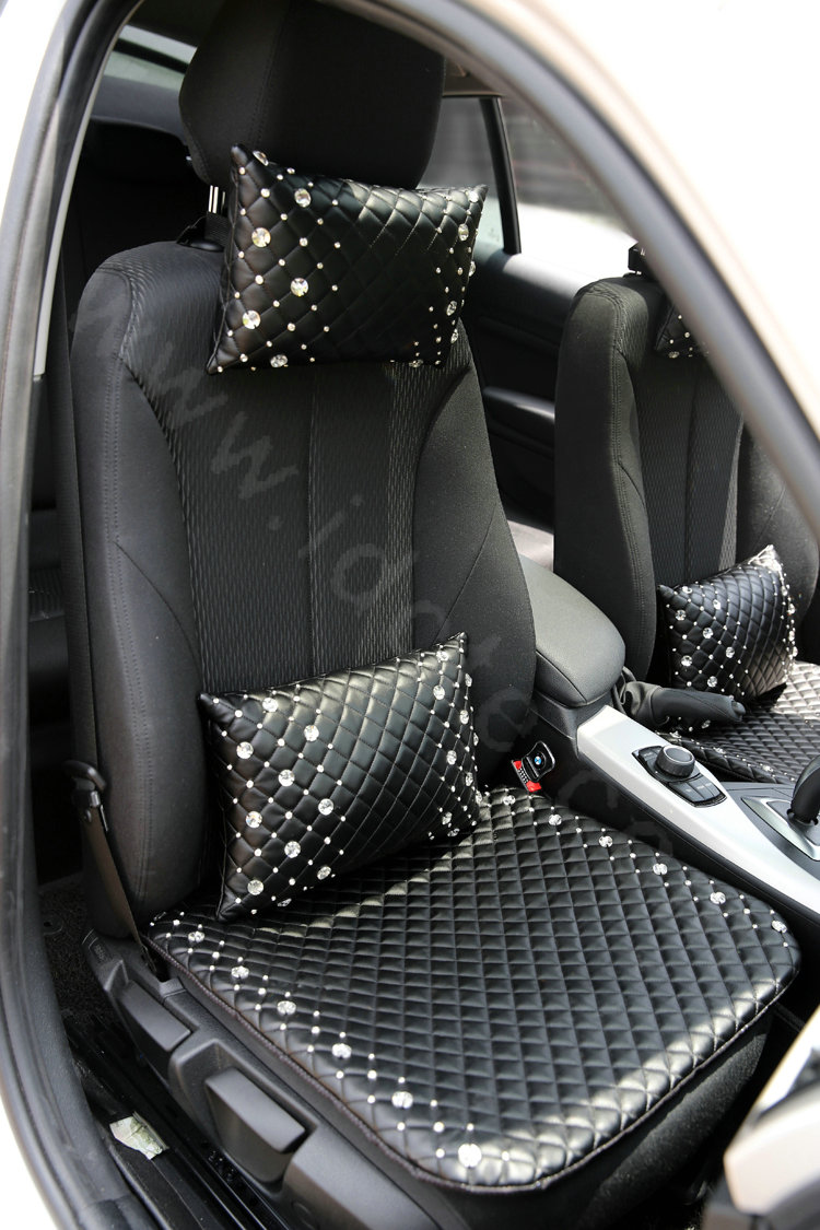 Calssic Women Rhinestone Genuine Sheepskin Pad Universal Car Seat Cushion 1pcs - Black