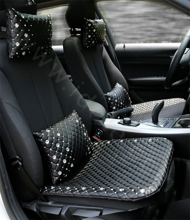 Calssic Women Rhinestone Genuine Sheepskin Pad Universal Car Seat Cushion 1pcs - Black