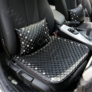 Calssic Women Rhinestone Genuine Sheepskin Pad Universal Car Seat Cushion 1pcs - Black