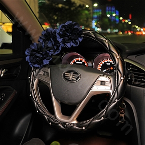Camellia Flower Diamond Car Steering Wheel Covers Genuine Leather 15 inch 38CM - Blue