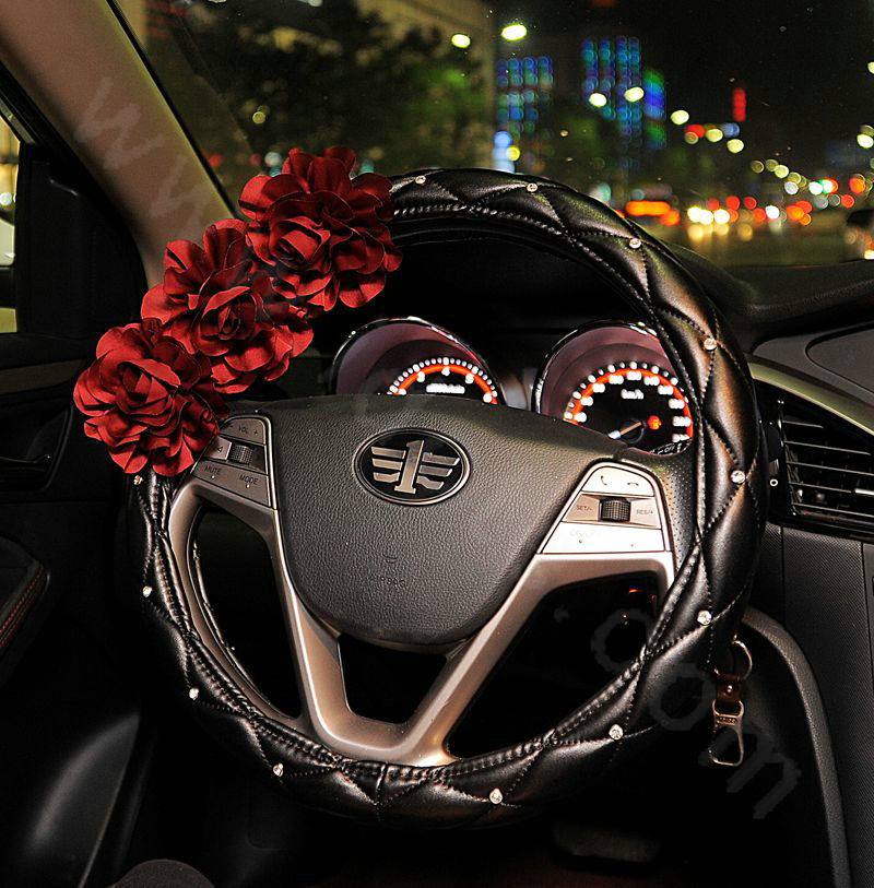 Camellia Flower Diamond Car Steering Wheel Covers Genuine Leather 15 inch 38CM - Red