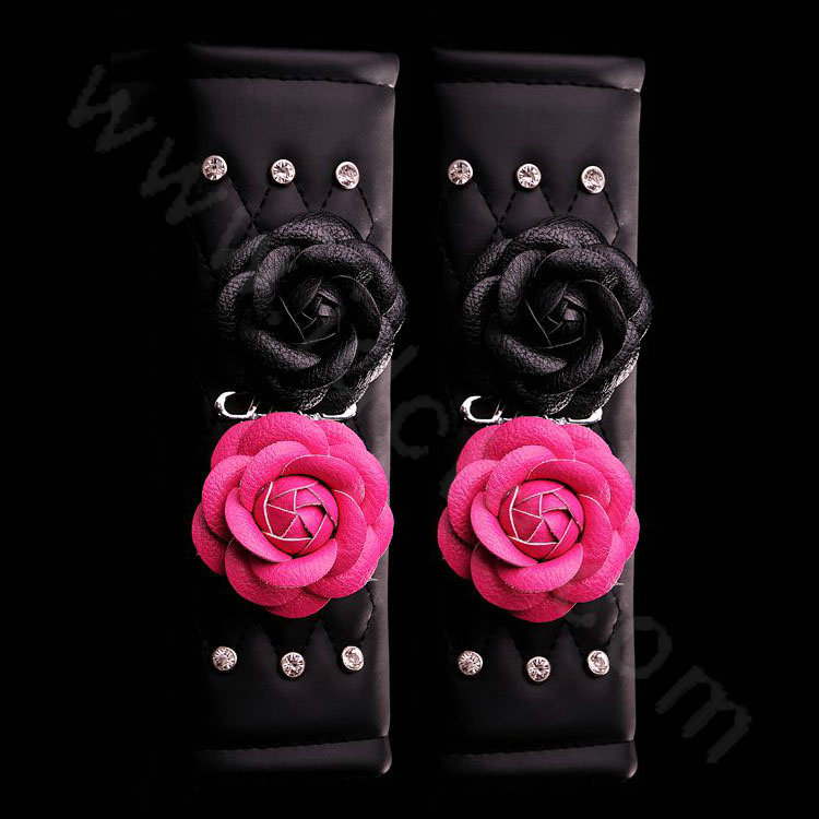 Camellia Flower Rhinestone Leather Car Seat Safety Belt Covers 2pcs - Rose Black
