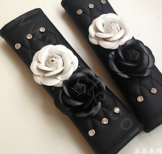Camellia Flower Rhinestone Leather Car Seat Safety Belt Covers 2pcs - White Black