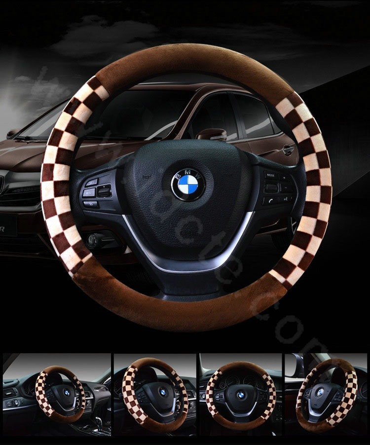 Classic Plaid Winter Plush Car Steering Wheel Covers 15 inch 38CM - Beige Coffee