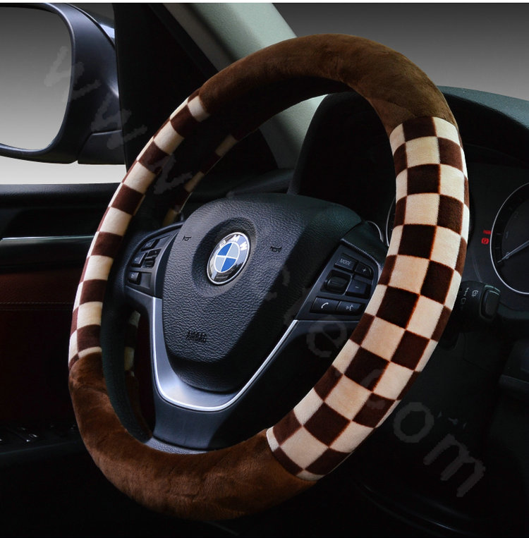 Classic Plaid Winter Plush Car Steering Wheel Covers 15 inch 38CM - Beige Coffee