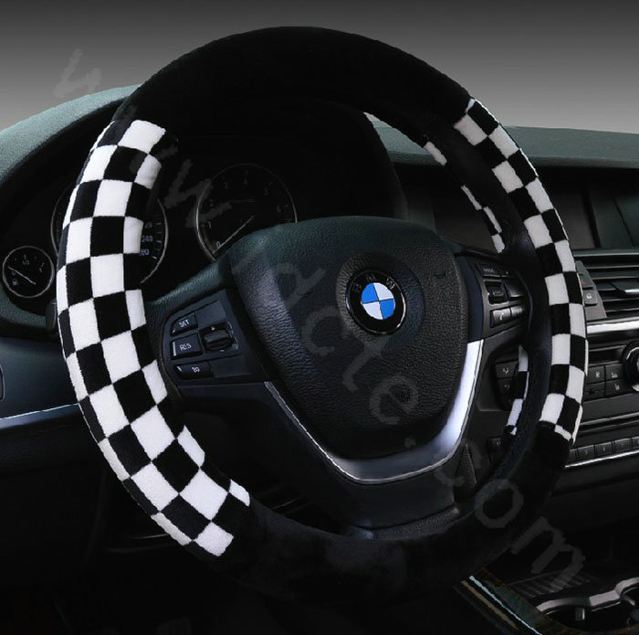 Classic Plaid Winter Plush Car Steering Wheel Covers 15 inch 38CM - Black White