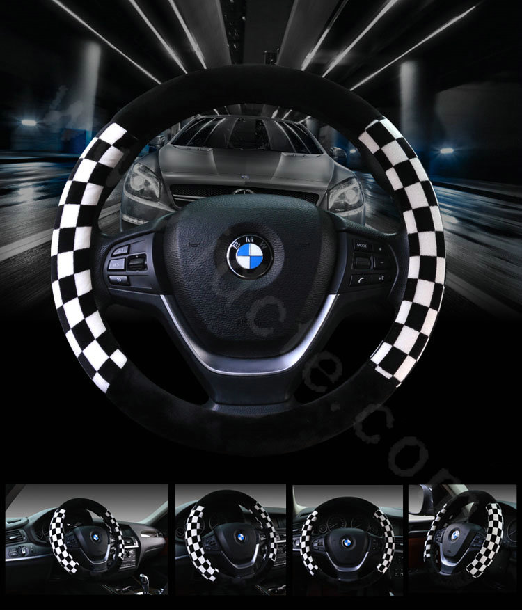 Classic Plaid Winter Plush Car Steering Wheel Covers 15 inch 38CM - Black White