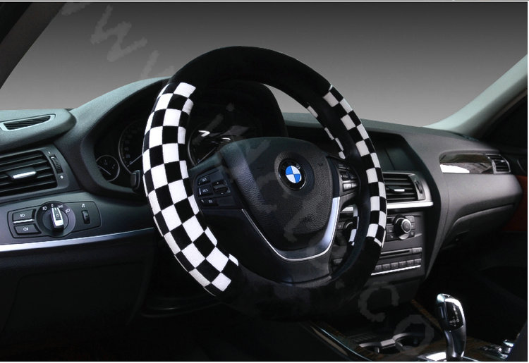 Classic Plaid Winter Plush Car Steering Wheel Covers 15 inch 38CM - Black White