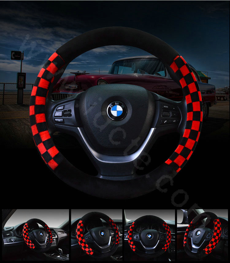 Classic Plaid Winter Plush Car Steering Wheel Covers 15 inch 38CM - Red Black
