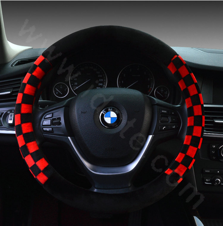 Classic Plaid Winter Plush Car Steering Wheel Covers 15 inch 38CM - Red Black