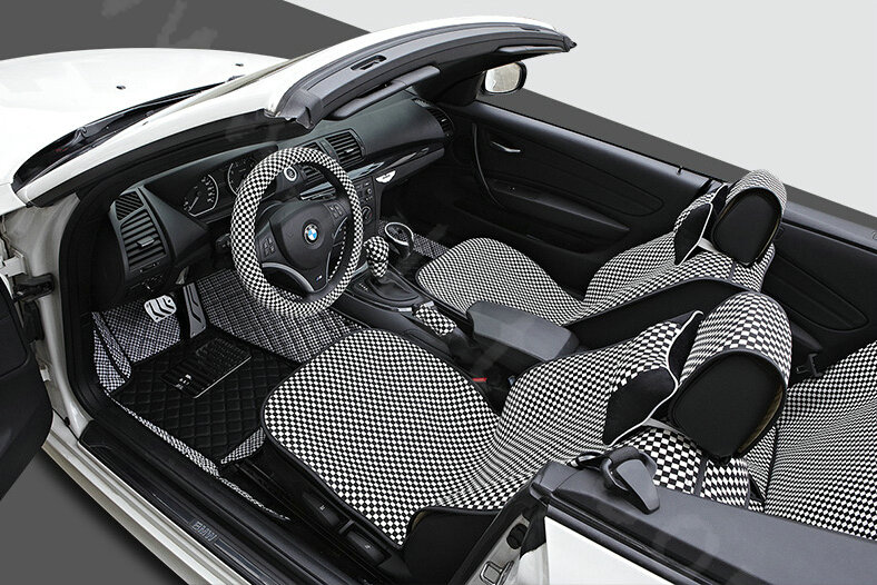 Classic Plaids Cloth Universal Car Seat Cushion PU Leather 10pcs Set - Black White