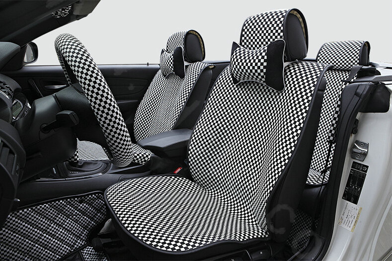 Classic Plaids Cloth Universal Car Seat Cushion PU Leather 10pcs Set - Black White