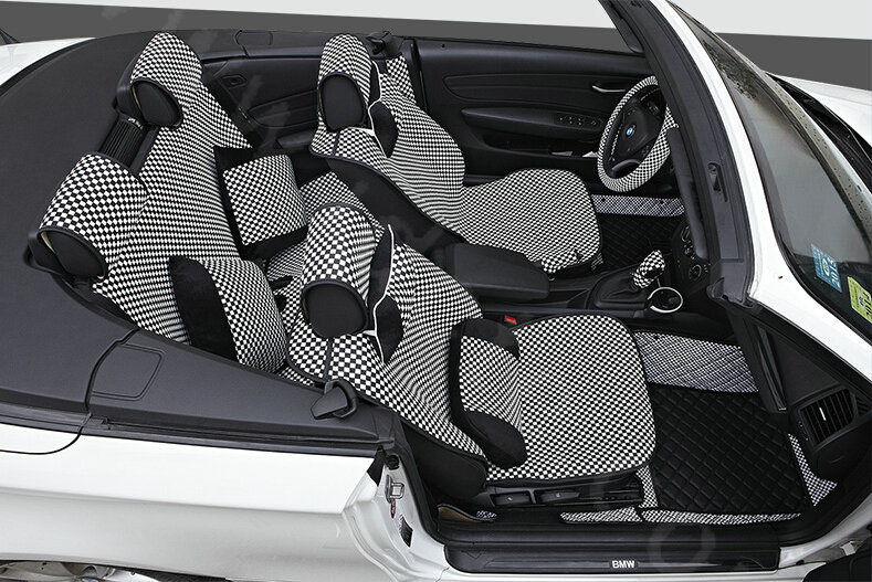 Classic Plaids Cloth Universal Car Seat Cushion PU Leather 10pcs Set - Black White