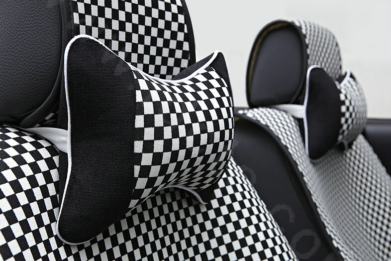 Classic Plaids Cloth Universal Car Seat Cushion PU Leather 10pcs Set - Black White