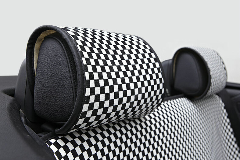 Classic Plaids Cloth Universal Car Seat Cushion PU Leather 10pcs Set - Black White