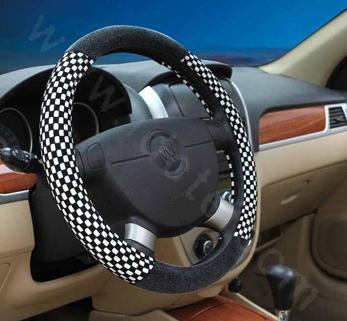 Classic Small Plaid Winter Velvet Car Steering Wheel Covers 15 inch 38CM - Black White