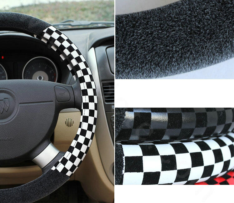 Classic Small Plaid Winter Velvet Car Steering Wheel Covers 15 inch 38CM - Black White