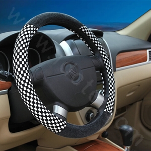 Classic Small Plaid Winter Velvet Car Steering Wheel Covers 15 inch 38CM - Black White
