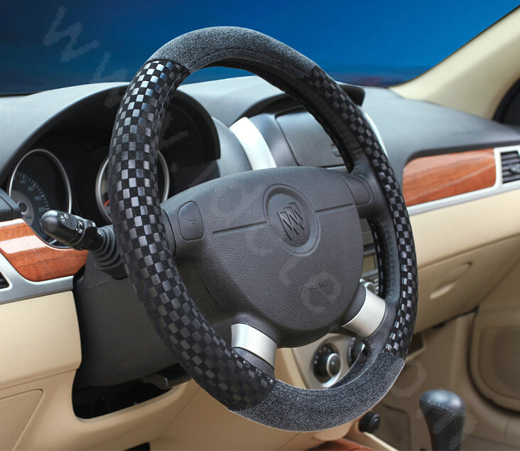 Classic Small Plaid Winter Velvet Car Steering Wheel Covers 15 inch 38CM - Black