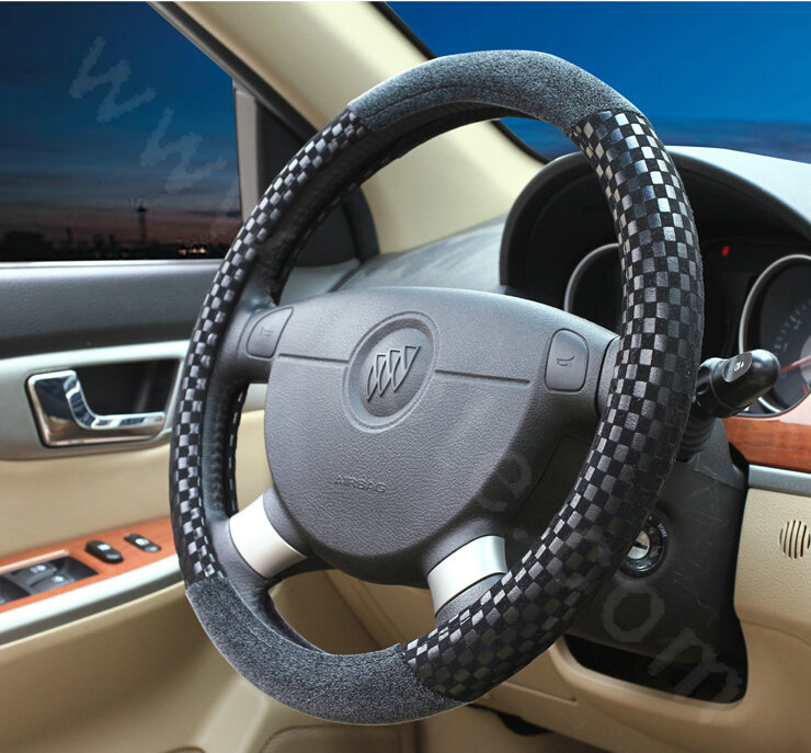 Classic Small Plaid Winter Velvet Car Steering Wheel Covers 15 inch 38CM - Black