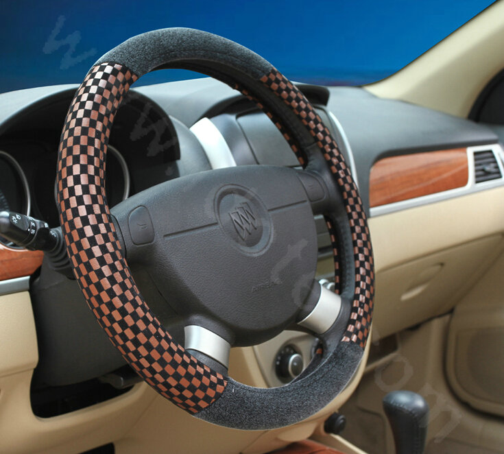 Classic Small Plaid Winter Velvet Car Steering Wheel Covers 15 inch 38CM - Brown Black