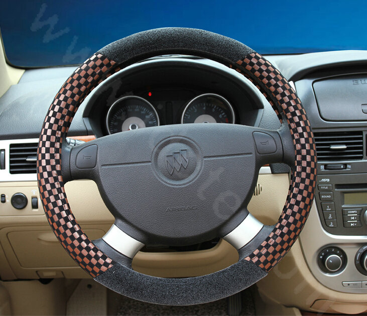 Classic Small Plaid Winter Velvet Car Steering Wheel Covers 15 inch 38CM - Brown Black