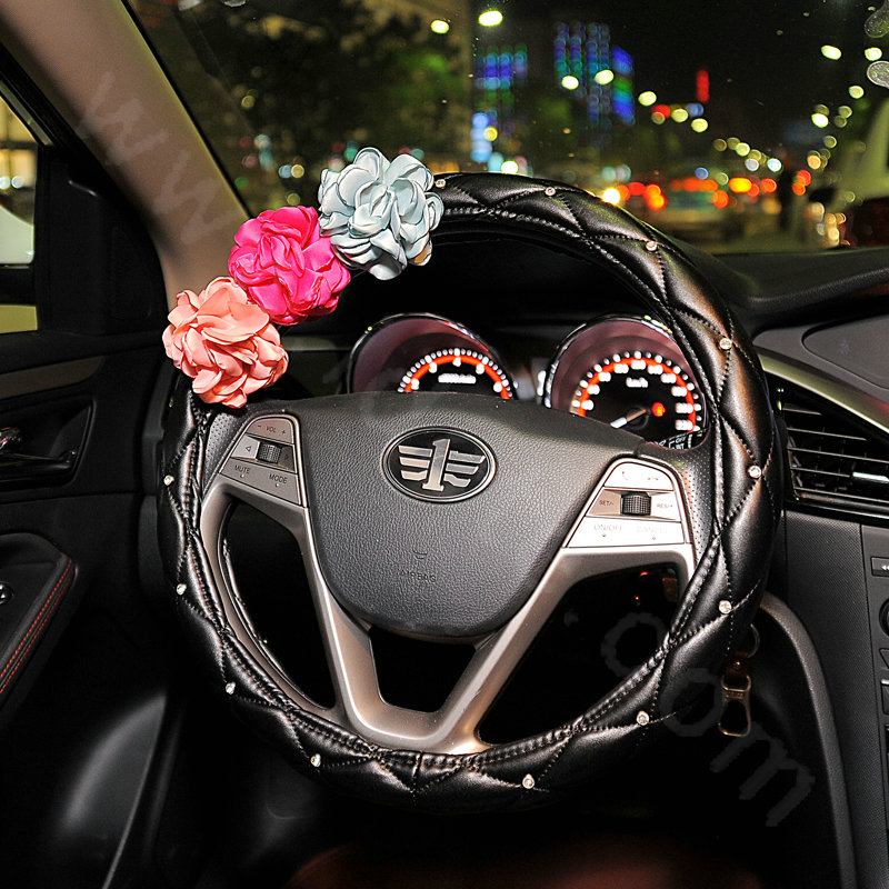 Color Rose Rhinestone Grip Steering Wheel Covers Female Genuine Leather 15 inch 38CM - Black