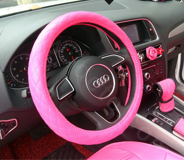 Cute Fashion Women Rhombus PU Leather Car Steering Wheel Covers 15 inch 38CM - Rose